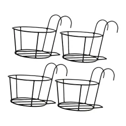 Hanging Flower Pot Holder Railing Potted Plant Stand for Home Balcony Décor, Black (Set of 4)