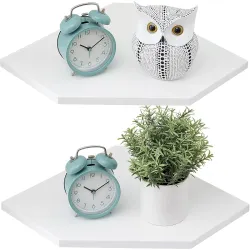 Corner Floating Shelves, White Corner Wall Shelf Set of 2, Solid Oak Wood Corner Shelves Wall Mount Shelf with Wire Hole