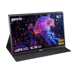 GEONIX 16.1inch Portable Monitor Full HD 1080p IPS Display, 300 Nits, Ultra Slim with Foldable Cover Stand, USB-C & Mini