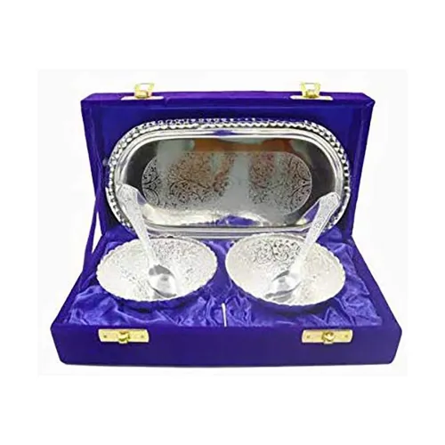 Image of German Silver Brass Floral Two Bowl with Two Spoon & Single Tray
