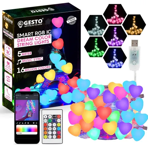 Image of Gesto 5V Heart String Lights - 33 LED Smart Led Lights with Remote and App Control, RGB Color Changing Fairy Lights USB 