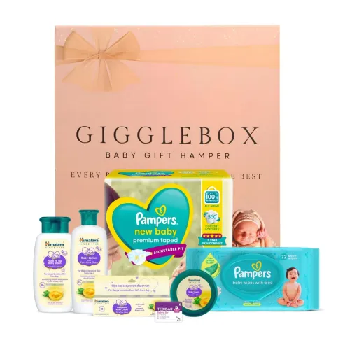 Image of GiggleBox Baby Gift Hamper with Pampers, Himalaya Baby Care, Tedibar Soap