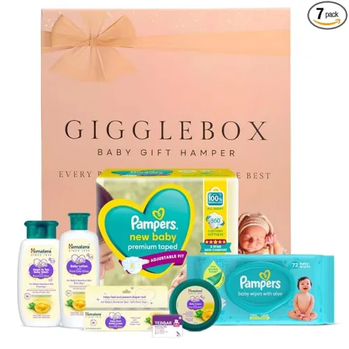 Image of GiggleBox Premium Baby Gift Hamper (Pampers, Himalaya, Tedibar) 