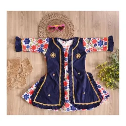 Girls Cotton Frock and Jacket Set, Printed Fit and Flare Knee Length Casual