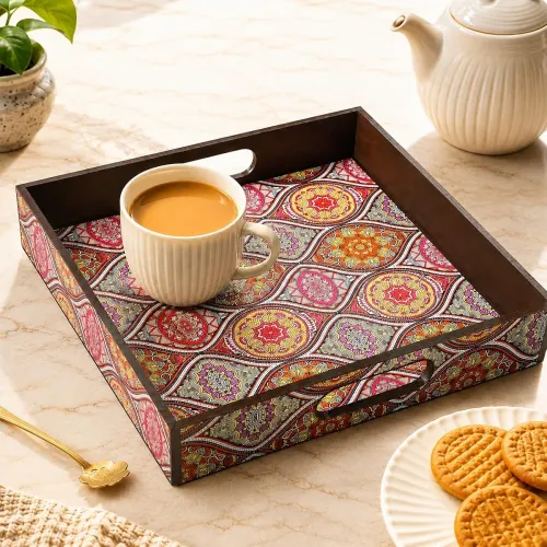 Image of GKD Wooden Serving Tray – Royal Blue Mandala Design – 11x11 Inch MDF Tea, Coffee