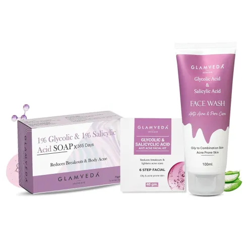 Image of Glamveda 1% ww Glycolic Acid & 1% ww Salicylic Acid Anti-Acne Kit | Reduces Dark Spot & Body Acne | Face Wash + Soap + F
