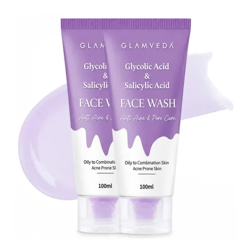 Image of Glamveda Glycolic Acid & 0.05% ww Salicylic Acid Anti Acne Face Wash (100ml Pack of 2) | For Oily & Acne Prone Skin | Oi