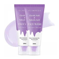 Glamveda Glycolic Acid & 0.05% ww Salicylic Acid Anti Acne Face Wash (100ml Pack of 2) | For Oily & Acne Prone Skin | Oi