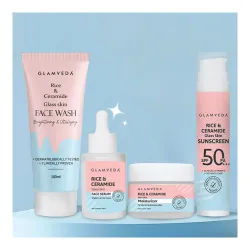 Glamveda Rice & Ceramide 4 Step Skincare Kit | Face Wash, Moisturizer, Face Serum & SPF 50 PA++ Sunscreen | Hydrating, B