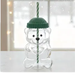Glass Bear Cup with Reusable Straw & Lid, 20 oz Cute Bear Shape Glass Tumbler for Hot & Cold Drinks, Clear Drinking Mug for Water, Juice, Smoothies, Iced Coffee, Home, Office & Gifting