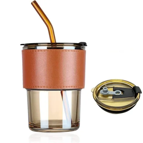 Image of Glass Coffee Cup with Straw & Lid