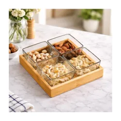 Glass Dry Fruit Serving Set with Wooden Tray – 4 Snack Bowls (Set of 1)