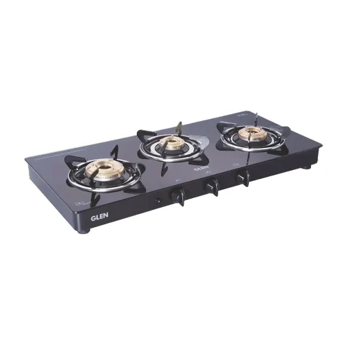 Image of Glen Gas Stove 3 Burner Toughened Glass Top | LPG Gas Stoves with Fuel Efficient Brass Burners | ISI Certified| Fixed St