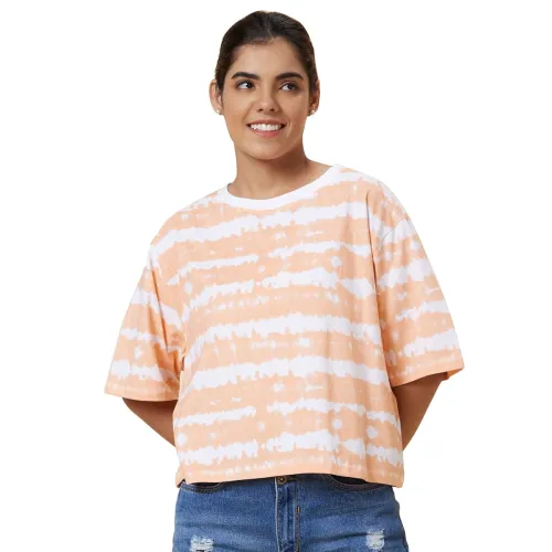 Image of Globus Women Orange Boxy Fit Tie and Dye Cotton T-Shirt