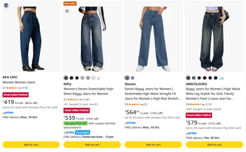 Image of Glossia Denim Baggy Jeans for Women at minimum 71% Discount