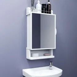 GLOXY Bathroom Wall Mirror Cabinet with Soap/Toothbrush Holder/Rack/Organizer/Storage Plastic Wall Mount Cabinet (Finish Color - White, Door Type- Levered, DIY(Do-It-Yourself))
