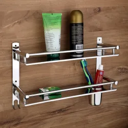GLOXY ENTERPRISE Stainless Steel 2 Layer Multipurpose Use Shelf Organizer Bathroom Shelf and Rack with Toothbrush Holder Bathroom Accessories