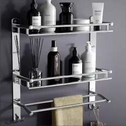 GLOXY ENTERPRISE Stainless Steel Double Layer Shelf with Towel Rod - Bathroom Shelves for Optimal Storage, with Sleek Chrome Finish - Durable Bathroom Accessories and Fittings (5D X 15W X 18...