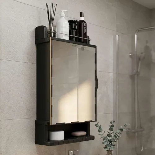 Image of GLOXY Premium Plastic Bathroom Cabinet with Mirror & Storage Shelf - Black