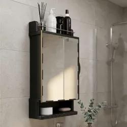 GLOXY Premium Plastic Bathroom Cabinet with Mirror & Storage Shelf - Black