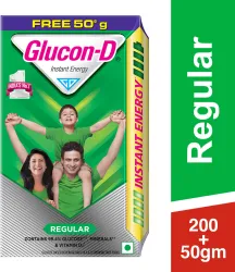 GLUCON-D Regular Glucose Powder, Refill Extra 50 g Free Sports Drink (200 g, Plain Flavored)
