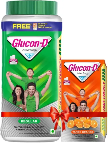 Image of GLUCON-D Regular Glucose Powder , Jar with Free 300 g Tangy Orange Sports Drink (1 kg, Regular Flavored)