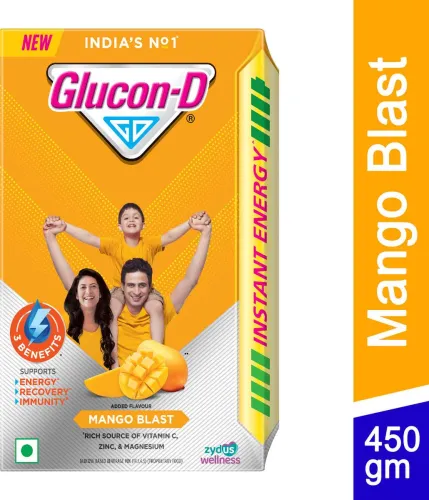 Image of GLUCON-D Mango Blast with 3 Benefits of Energy, Recovery, and Immunity, Refill Sports Drink (450 g, Mango Blast Flavored