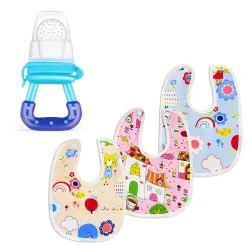 GLUN® 3 Piece Feeding Bibs & 1 Piece Fruit Nipple Nibbler Combo Set for Babies
