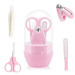 GLUN® Baby Care Set, Capsule Shape Pack, 4-in-1 (Anti-Pinch Nail Clipper, Scissor, Nail File, Tweezer) Cute Pink Colour Baby Manicure Set for Newborn, Infant & Toddler