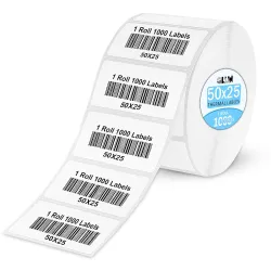 GLUN® Direct Thermal Label Roll 50x25mm 1000 White Self-Adhesive Stickers, Smooth Surface Barcode & Price Tag Labels for