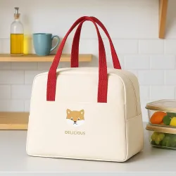 GLUN® Insulated Travel Fabric Lunch Bag for Office, College or School, Beige & Maroon Handle Colour Multi-Purpose Lunch Box Carrying Bag Large Capacity with Cute Badge