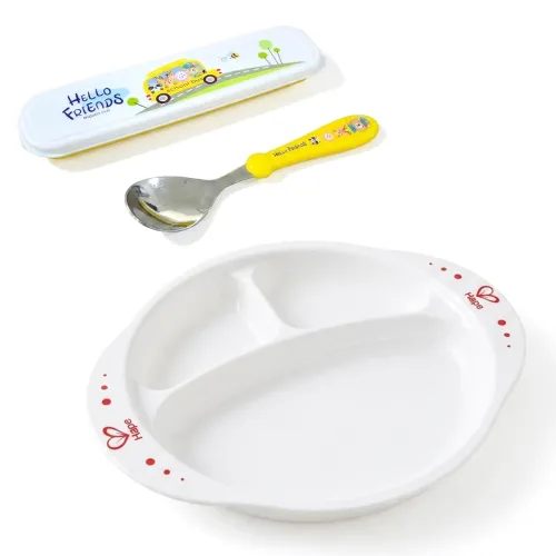 Image of GLUN® Premium Kids' Mealtime Set, 3 Compartment Feeding Plate with Durable Stainless Steel Spoon, Soft-Grip with Travel 