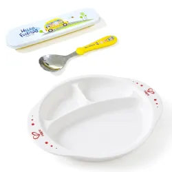 GLUN® Premium Kids' Mealtime Set, 3 Compartment Feeding Plate with Durable Stainless Steel Spoon, Soft-Grip with Travel Case, Ergonomic Handle & Portable