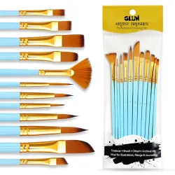 GLUN® Premium Paint Brushes 12 Different Professional Drawing Paint Brush Set Turquoise Colour, Wide to Fine Tip, Nylon 