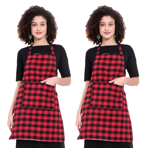 Image of GLUN Red & Black Checkered Kitchen Apron (Pack of 2, Waterproof)
