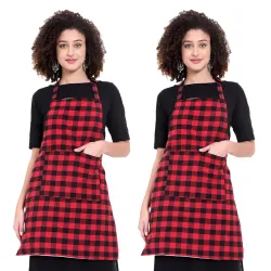 GLUN Red & Black Checkered Kitchen Apron (Pack of 2, Waterproof)