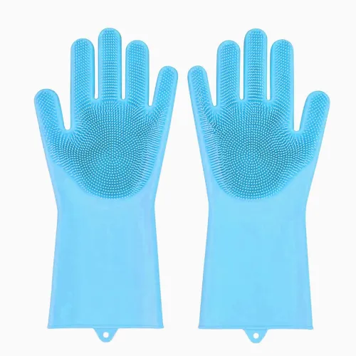 Image of GLUN® Silicone Dishwashing Gloves with Long Bristles, Blue Colour Pair Silicon Cleaning Hand Gloves Great for Kitchen Di