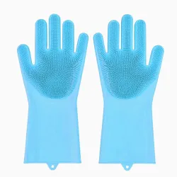GLUN® Silicone Dishwashing Gloves with Long Bristles, Blue Colour Pair Silicon Cleaning Hand Gloves Great for Kitchen Di