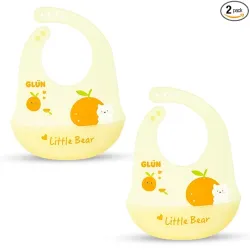 GLUN® Pack of 2 Soft Feeding Bibs with Bowl, Cute Oranges Print for Growing Champs, Easily Wipes Clean, Comfortable Soft Baby Bibs, Less Time Cleaning after Meals for Babies