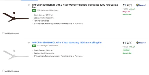Image of Gm Fans 1200mm 5star Ceiling Fan + Remote @ Start ₹1789