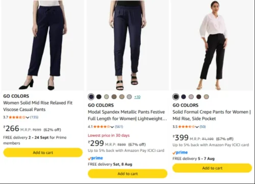 Image of GO COLORS Women's Pants upto 67% discount 