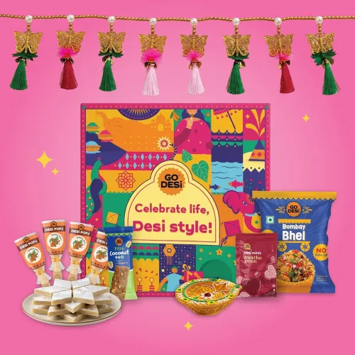 Image of GO DESi Fun Diwali Gift Box | Toran | Mud Diya | Kaju Katli | DESi POPz
