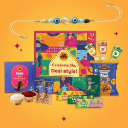 GO DESi Rakhi Set For Brother - 18 Items | Fun Gift Box | Evil Eye Stone Rakhi by Japam | Dark Choco Kaju Katli | Roli Chawal Set | Desi Popz | Coconut Barfi | Fruti Twist | Rakhi For Brothe...