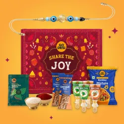 GO DESi Rakhi Set For Brother - 12 Items | Share the Joy Gift Box | Evil Eye Stone Rakhi by Japam | DESi POPz: Tangy Imli, Real Aam, Kaccha Aam | Choco Meetha Paan | Coconut Barfi | Bombay B...