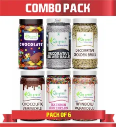 GO GRASS Combo of Vermicelli |Golden + Silver Balls| Chocolate + Rainbow Balls / 80G EACH Sprinkles (480 g, Pack of 6)