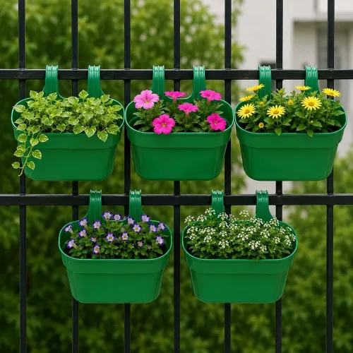 Image of Go Hooked 12 Inch Plastic Railing Hanging Planter Pot Set of 5