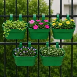 Go Hooked 12 Inch Plastic Railing Hanging Planter Pot Set of 5 | Rectangular Flower Pots with Double Hook for Garden Fence Balcony Indoor Outdoor Home Décor | Durable Plant Container (Green)