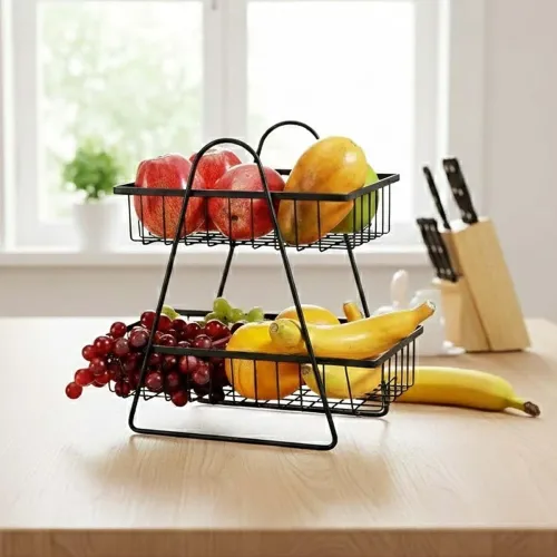 Image of Go Hooked 2 Tier Metal Fruit Basket for Dining Table | Space Efficient Countertop Wire Storage Stand for Fruits, Vegetab