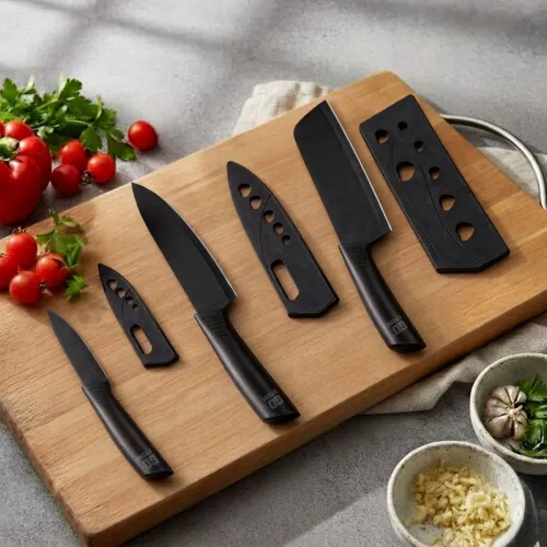 Image of Go Store 3 Pcs Steel Knife Set with Bamboo Wooden Chopping Board (30 x 20 CM)
