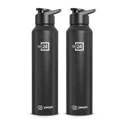 Go24 pexpo Water Bottle 1 ltr Stainless Steel Sports/Fridge Bottle with Steel Cap (Pack of 2)| Single Wall | For Home, Office, Gym, Travelling | Lightweight | BPA Free | Chromo 950ml |Knight Black
